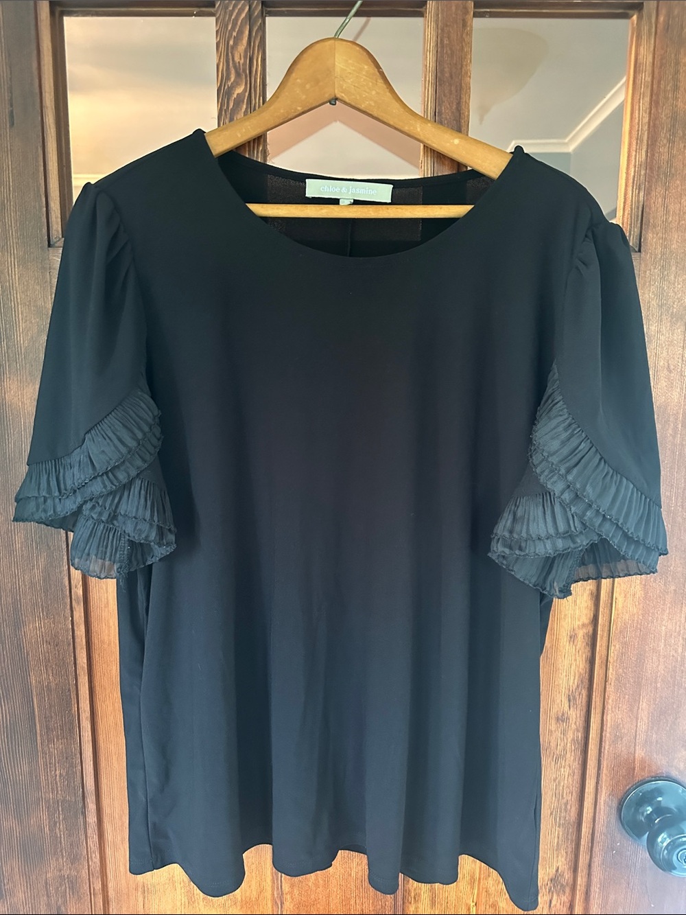 Chloe & Jasmine Black Puff Sleeve Top Pleated Ruffle Detail Size XL